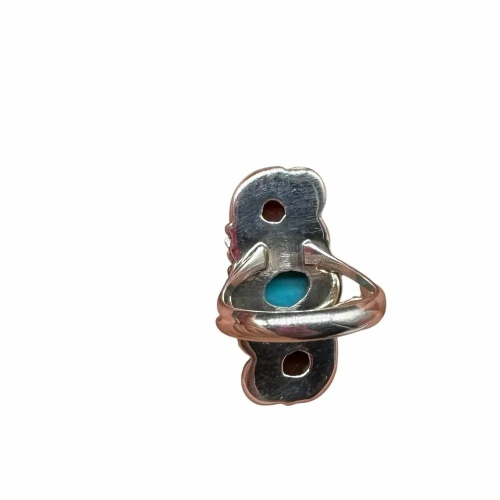 Kingman Turquoise Italian Red Coral Ring Size 7 Solid 925 Sterling Silver